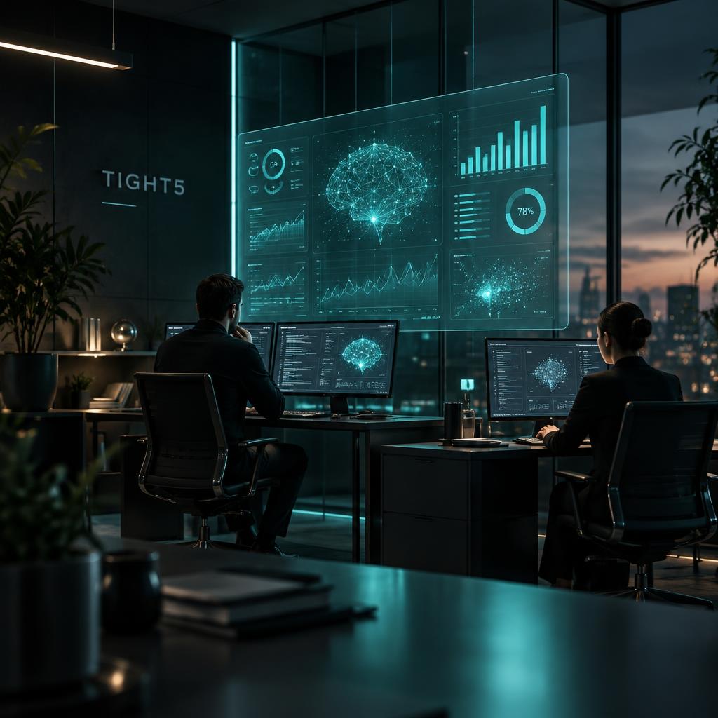 Office at dusk with a glowing AI dashboard above the desks