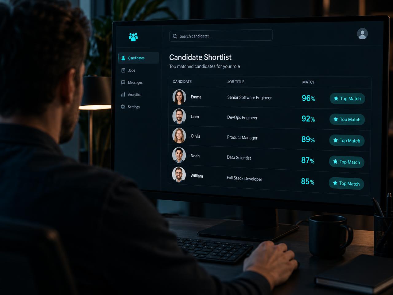 Recruitment consultant reviewing a candidate shortlist on a glowing screen